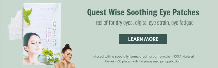 Quest Wise Soothing Eye Patches banner desktop: Relief for dry eyes, digital eye strain, eye fatigue. 60pieces, 4-6 pieces used per application.